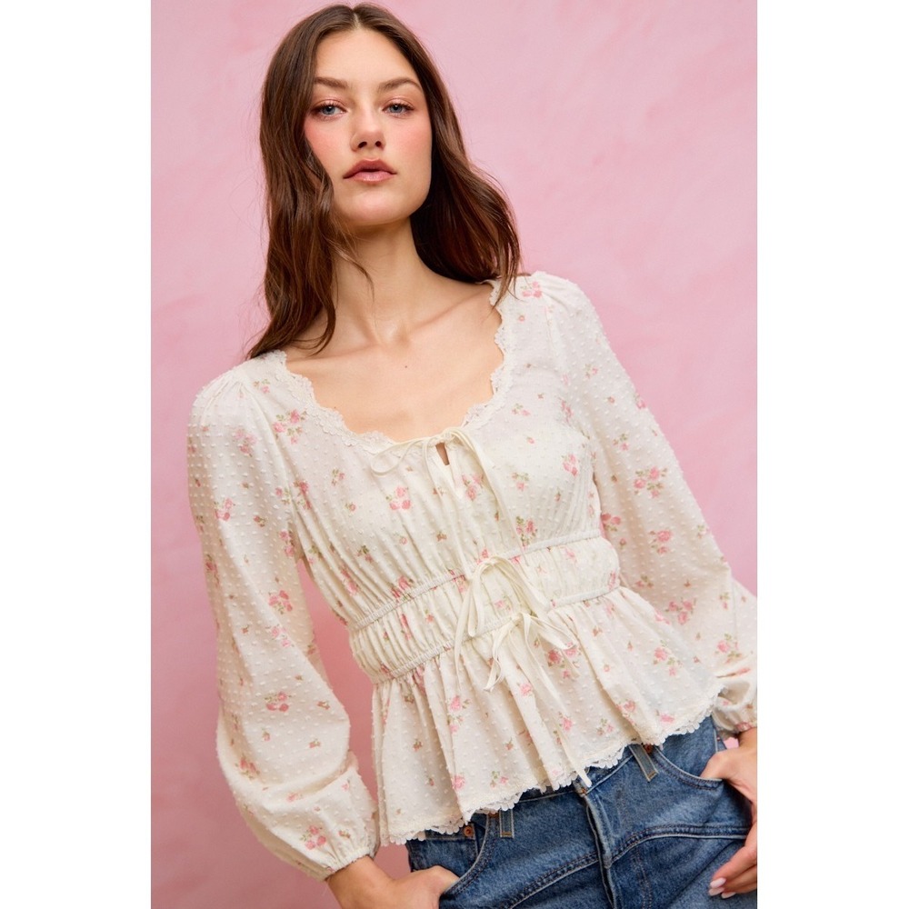 SO ME Floral Clip Dot Lace Trim Ruched Bodice Blouse - White - Medium - Picture 16 of 16